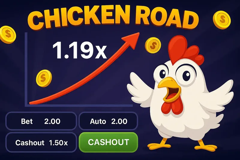 A screenshot of the Chicken Road crash game. A happy chicken stands next to a graph showing a rising multiplier. The game controls for betting are at the bottom.