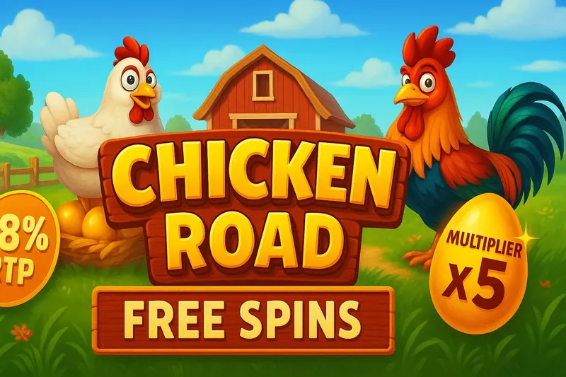 A colorful banner for the Chicken Road game advertising features like 98% RTP, x5 Multiplier, and Free Spins. A rooster and hen stand on a farm next to the game's logo.