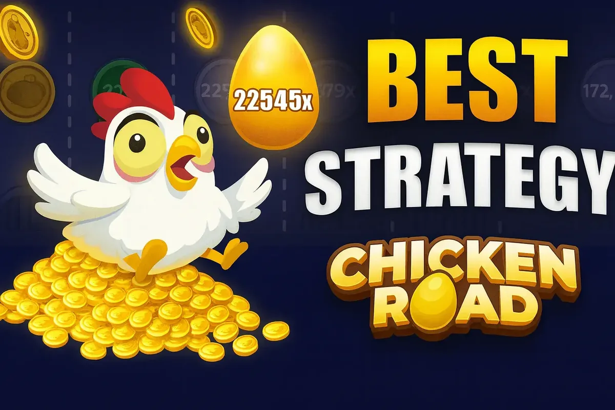 A promotional image advertising the BEST STRATEGY for the Chicken Road game. A cartoon chicken sits on a pile of gold next to a golden egg with a massive multiplier.