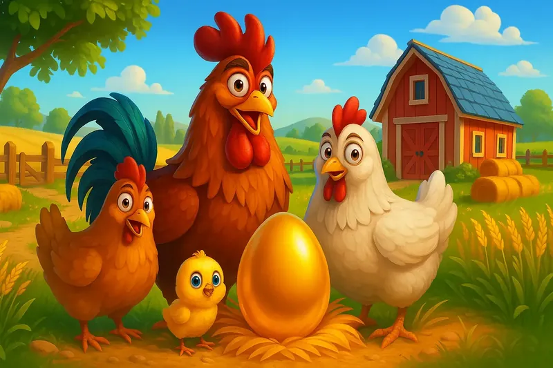 A wholesome scene of a cartoon chicken family - a rooster, two hens, and a chick -gathered around a large, shiny golden egg on a farm with a red barn in the background.
