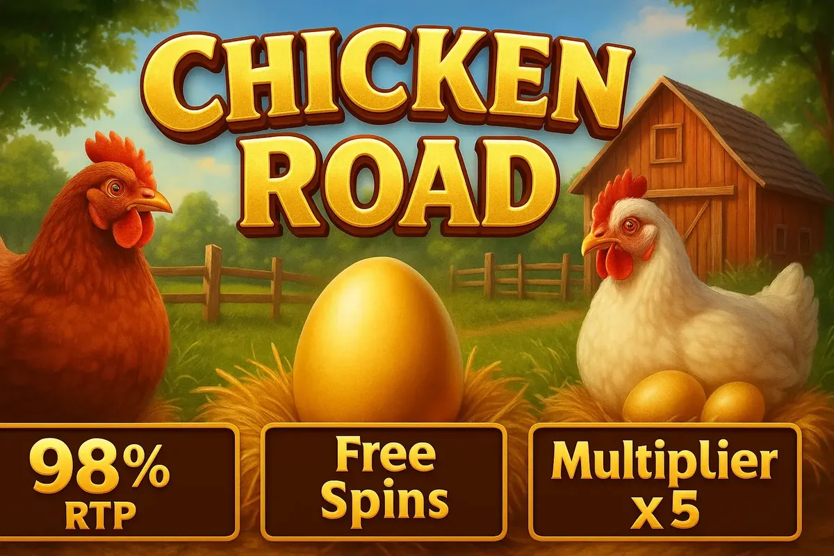 An advertisement for the Chicken Road game highlighting its key features: 98% RTP, Free Spins, and a x5 Multiplier, with two chickens and a golden egg on a farm.
