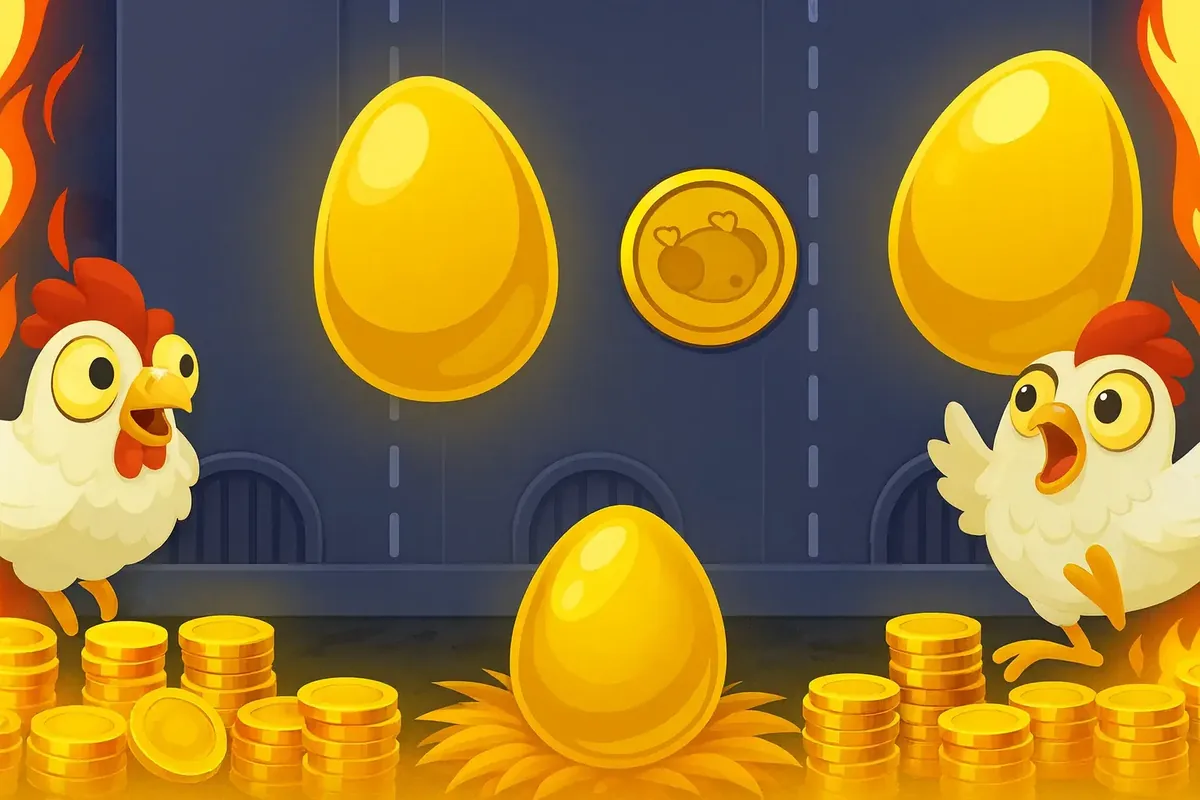 Two cartoon chickens look surprised in front of a vault-like background with golden eggs and stacks of gold coins. Flames frame the scene, hinting at an exciting win.