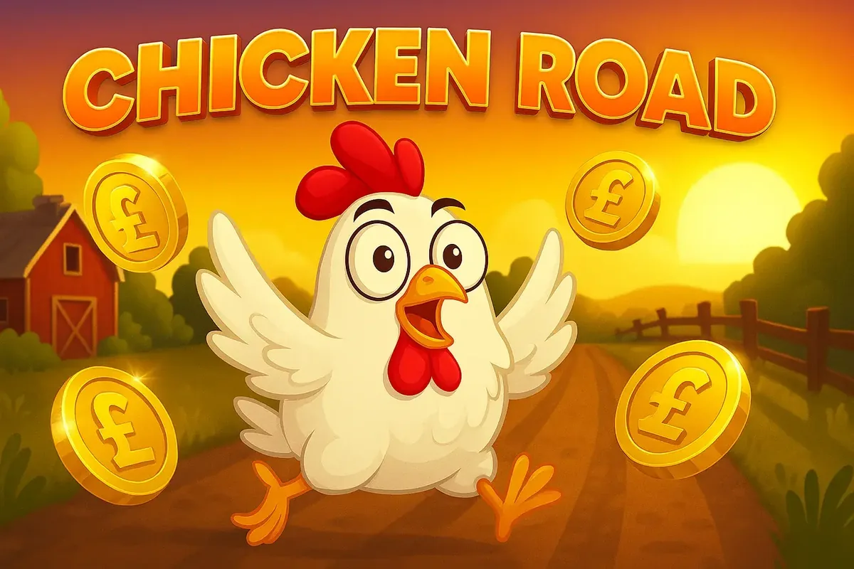 A cheerful cartoon chicken runs down a country road at sunset in this promo for the Chicken Road game. Golden Pound Sterling coins float in the air around it.