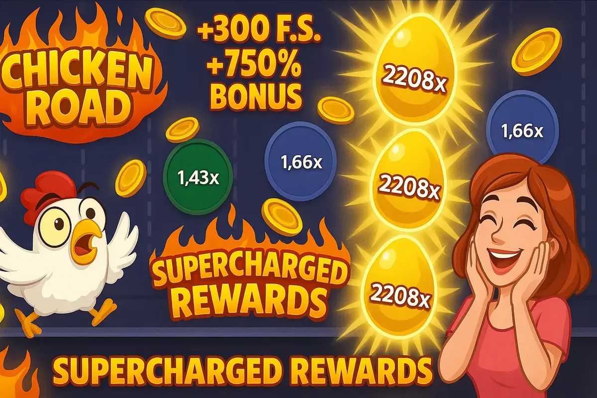 A promotional banner for the Chicken Road game, advertising SUPERCHARGED REWARDS with a +750% bonus. A happy woman celebrates next to three golden eggs with a 2208x multiplier.