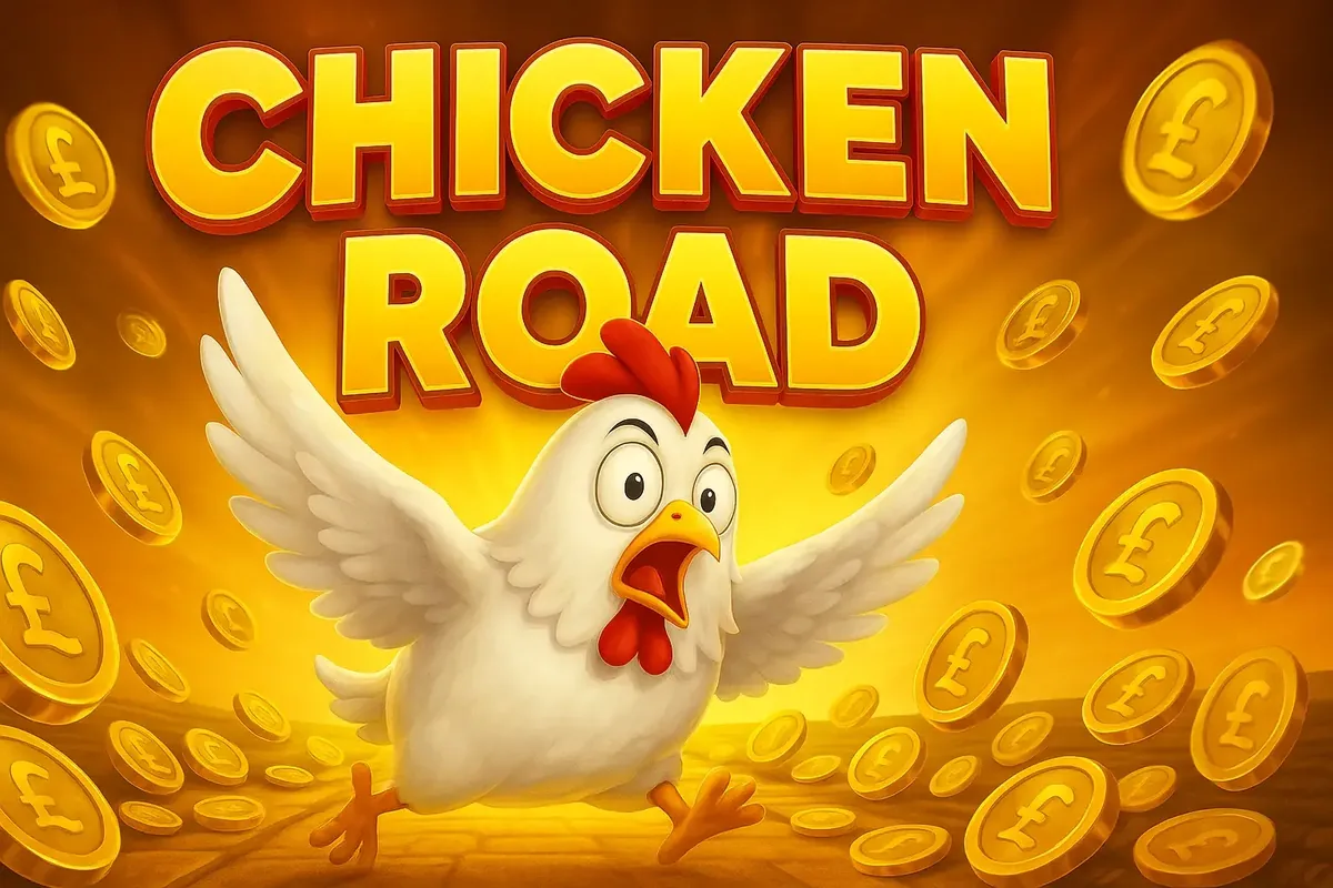 A promotional image for the Chicken Road game, featuring a cartoon chicken flying through a shower of golden Pound Sterling coins against a bright, golden background.