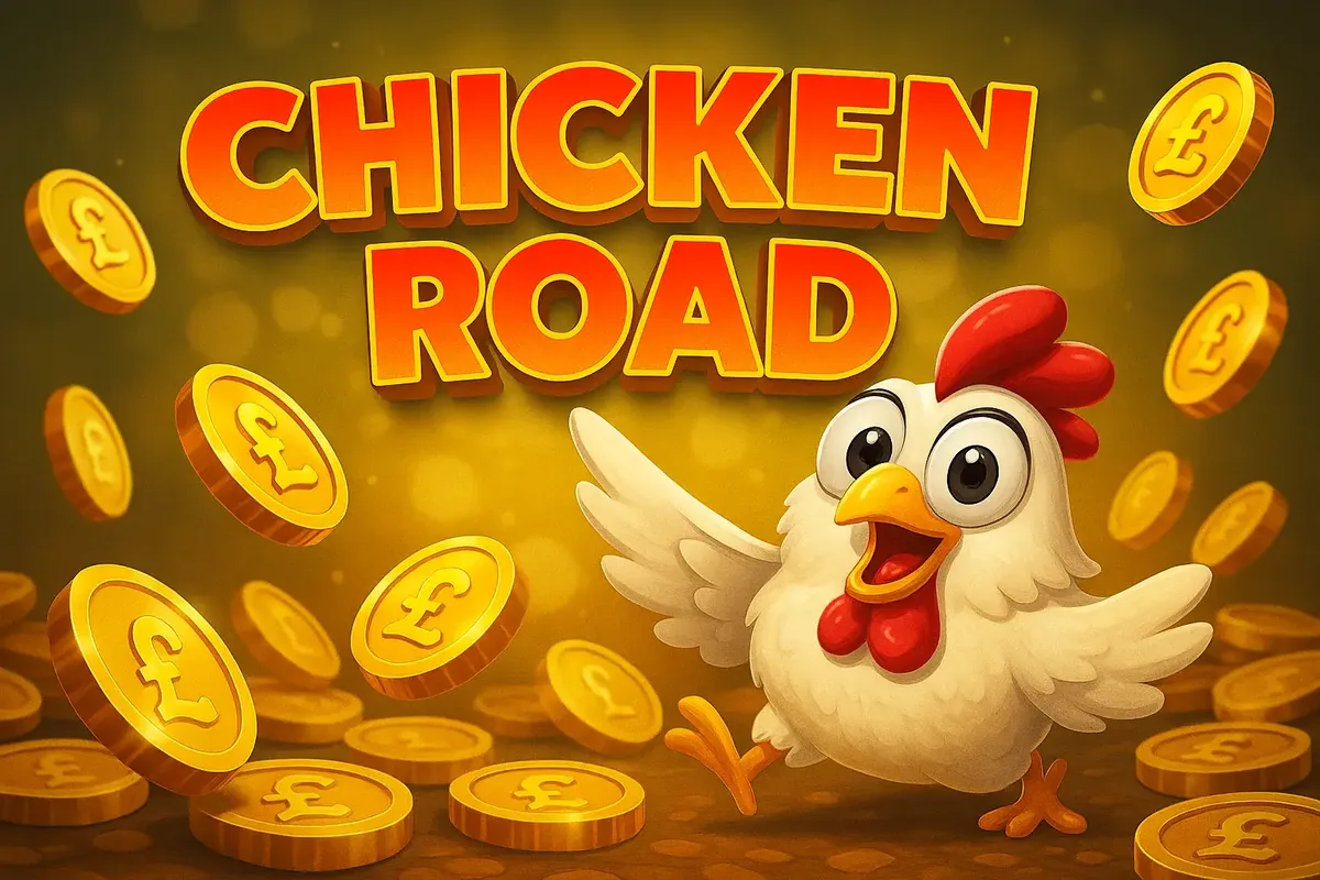 A happy cartoon chicken celebrates amidst a shower of golden Pound Sterling coins in this promotional image for the fun and rewarding Chicken Road game.