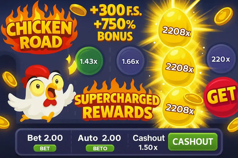 A screenshot of the Chicken Road game interface, showcasing a bonus offer of +300 Free Spins and a +750% bonus. A chicken runs towards huge multipliers and golden eggs.