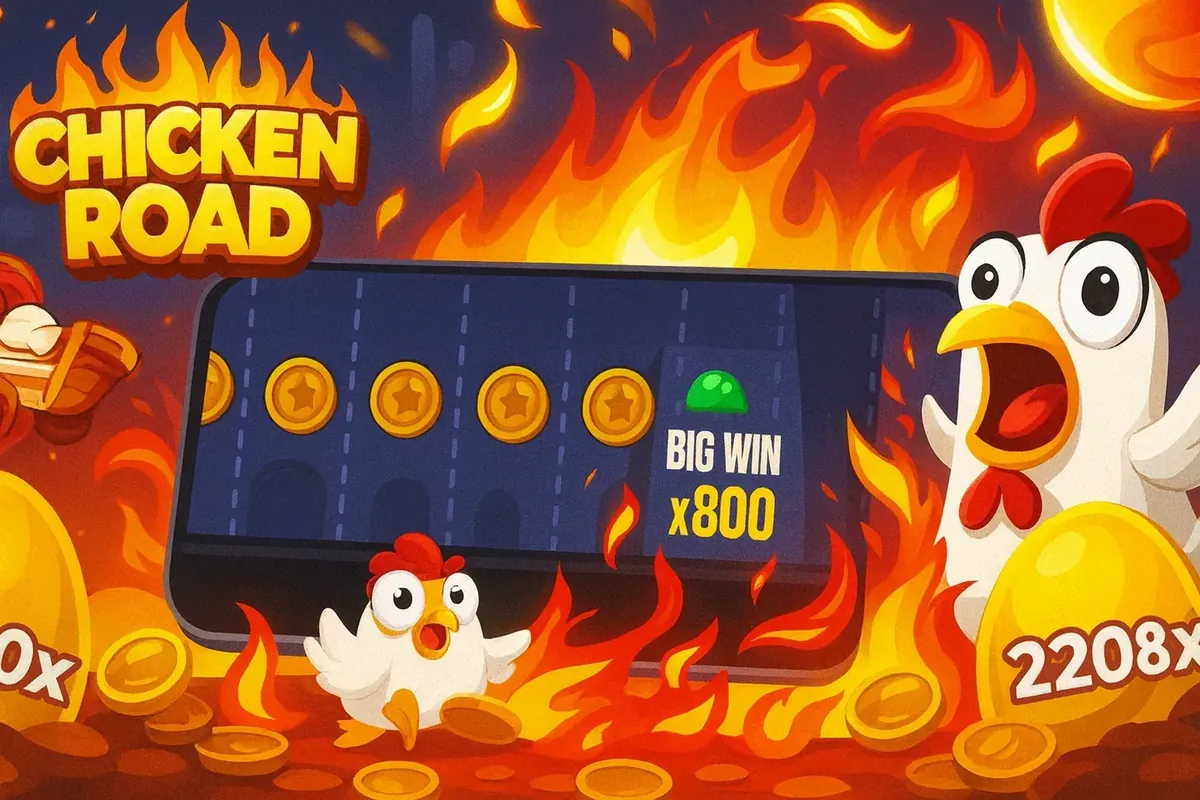 An explosive scene from the Chicken Road game, with two shocked chickens surrounded by flames. A smartphone in the center displays a BIG WIN x800 message.