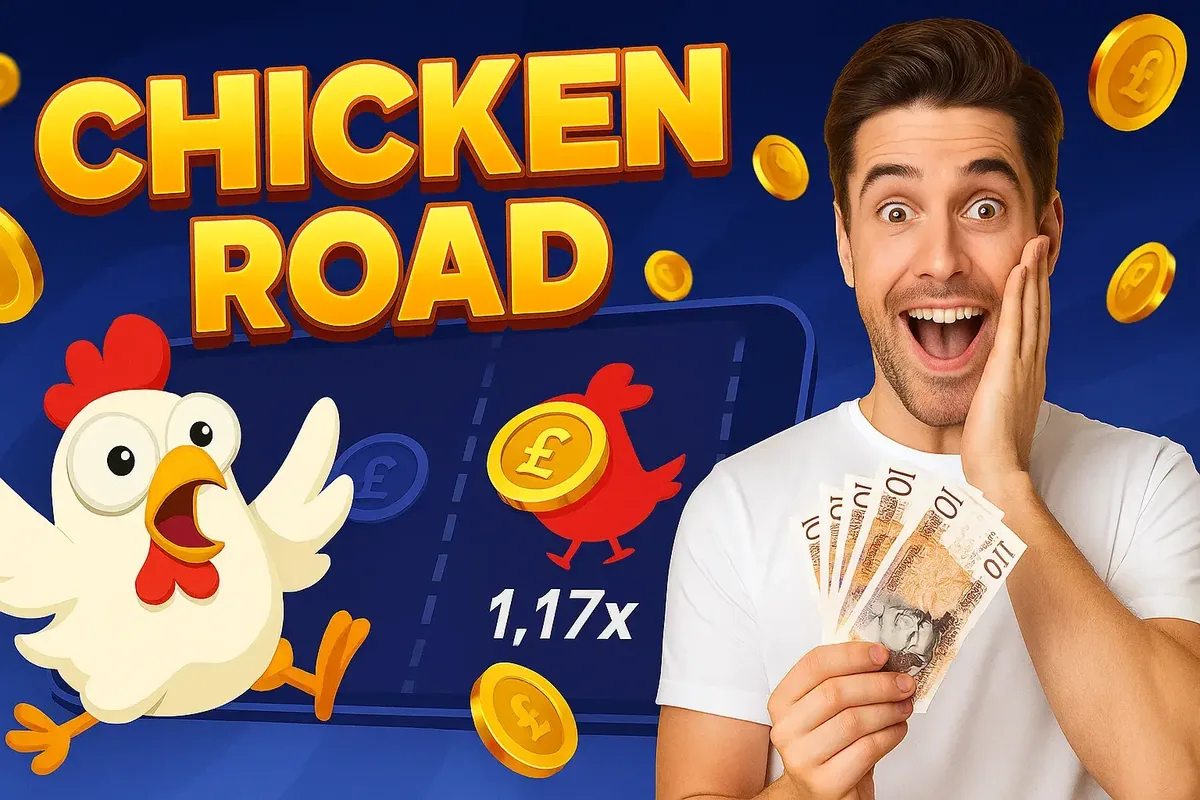 An excited man holds a fan of British Pound banknotes after winning in the Chicken Road game. The game's chicken mascot and a winning multiplier are shown beside him.