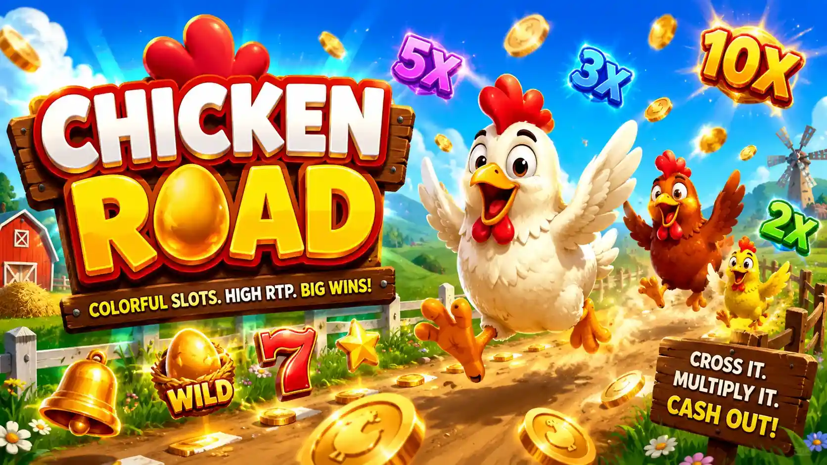 Colorful Chicken Road slot game logo with coins and chickens