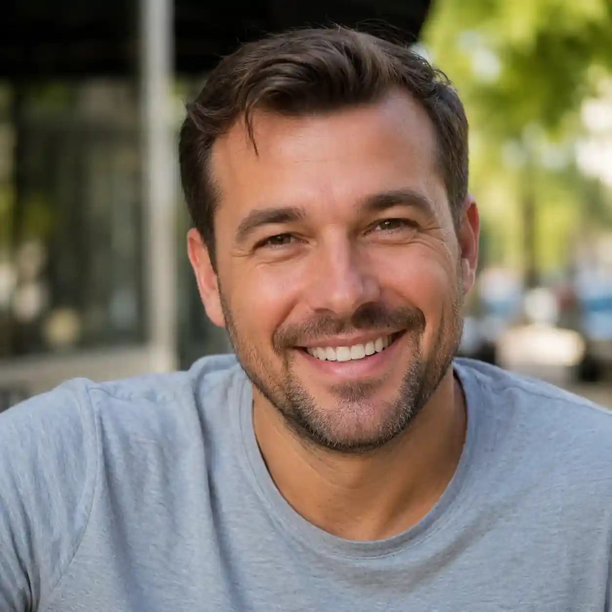 Portrait of a smiling man with short hair outdoors