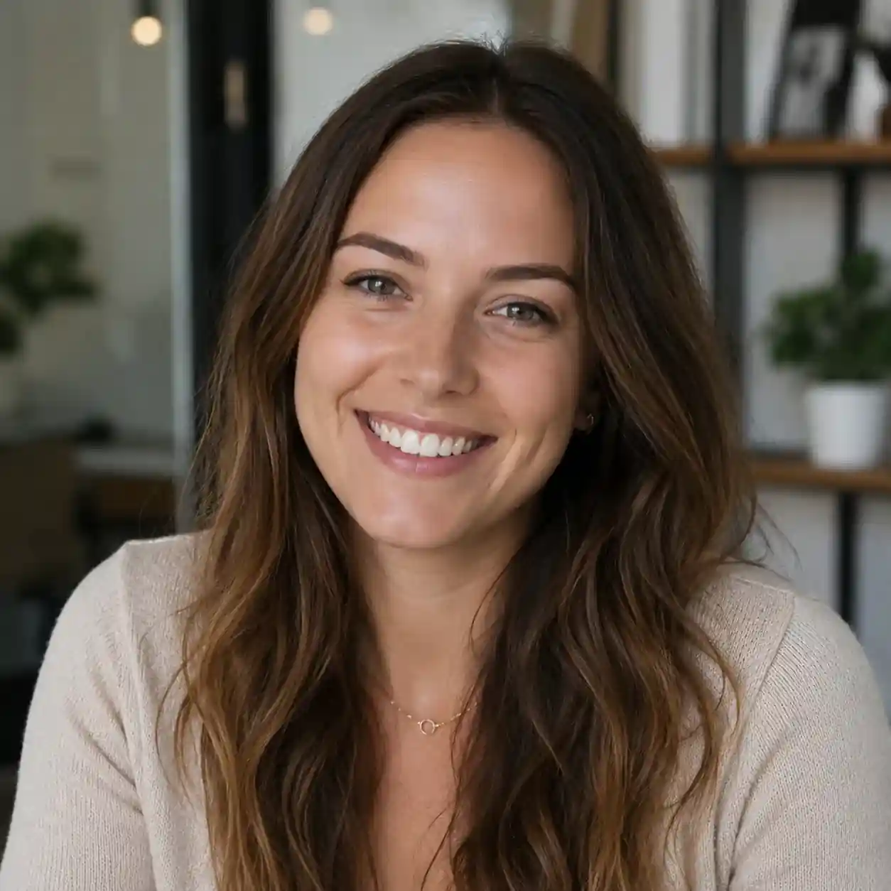 Portrait of a smiling woman with long brown hair indoors