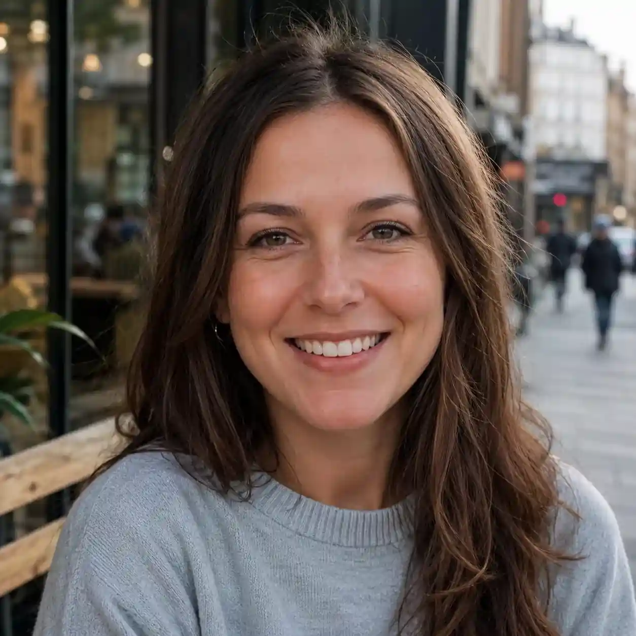 Portrait of a smiling woman with curly hair outdoors on street
